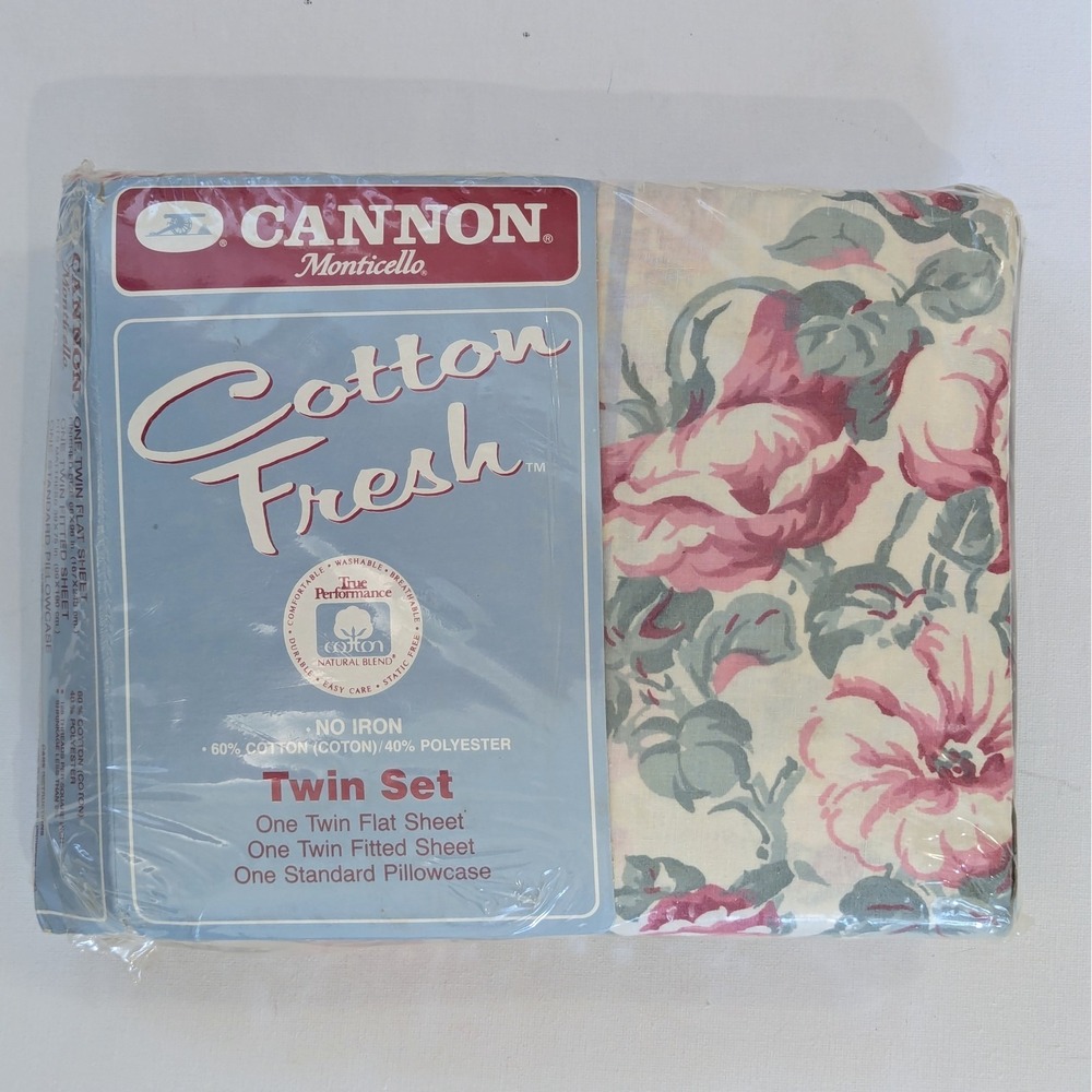 VTG Cannon Monticello Madeline 3 Pc Twin Sheet Set Cottage Floral Blue Stripe